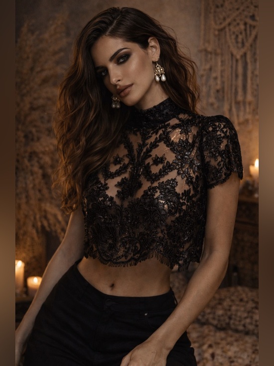 Stone Cold Fox Black Embroidered Lace Crop Top M Mock Neck Sheer Luxe NWOT - Picture 2 of 13